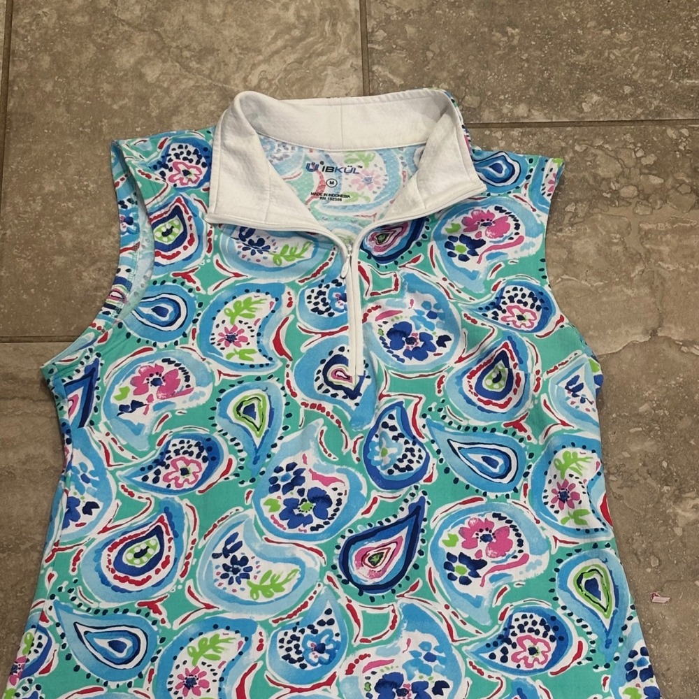 IBKUL Womens Blue Green Paisley Sleeveless Quarter Zip Golf Dress UPF+50 Medium - Picture 7 of 13